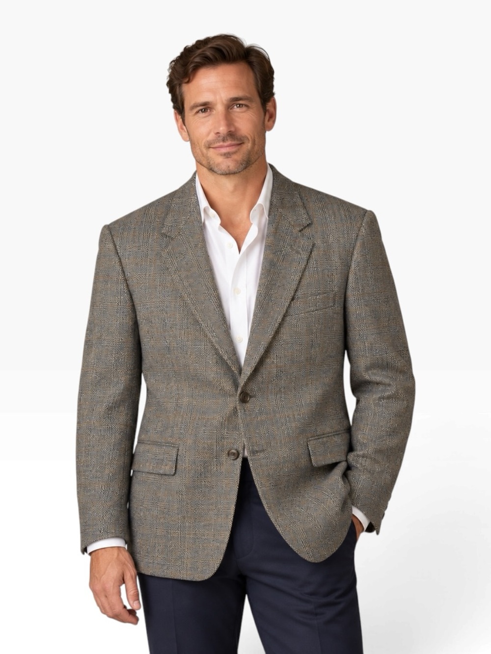 VTG Evan Picone Mens 42R Lambswool Glen Plaid Sport Coat Blue Tan Windowpane